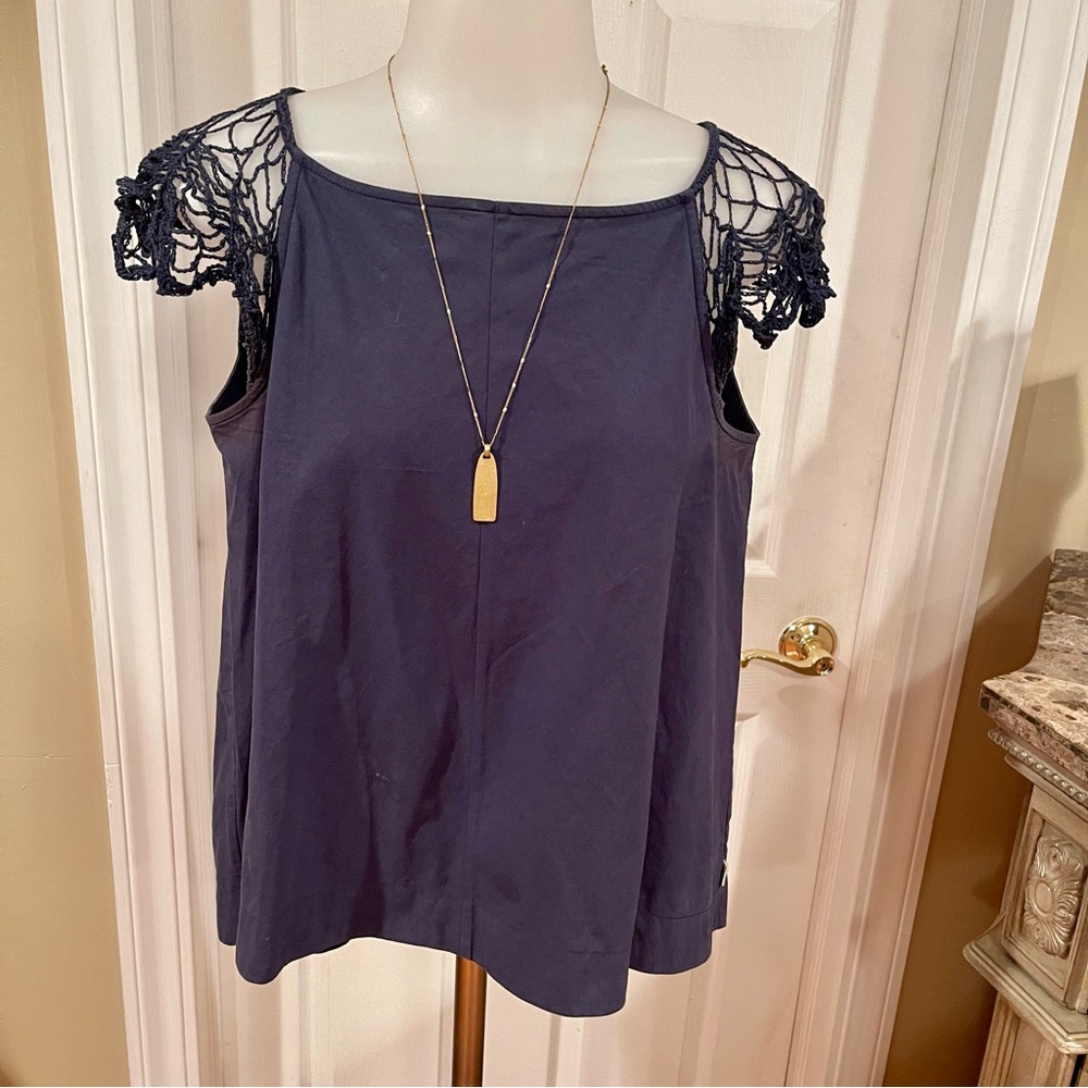 SONG Women’s Navy Blue Net Sleeve Top SZ XXS